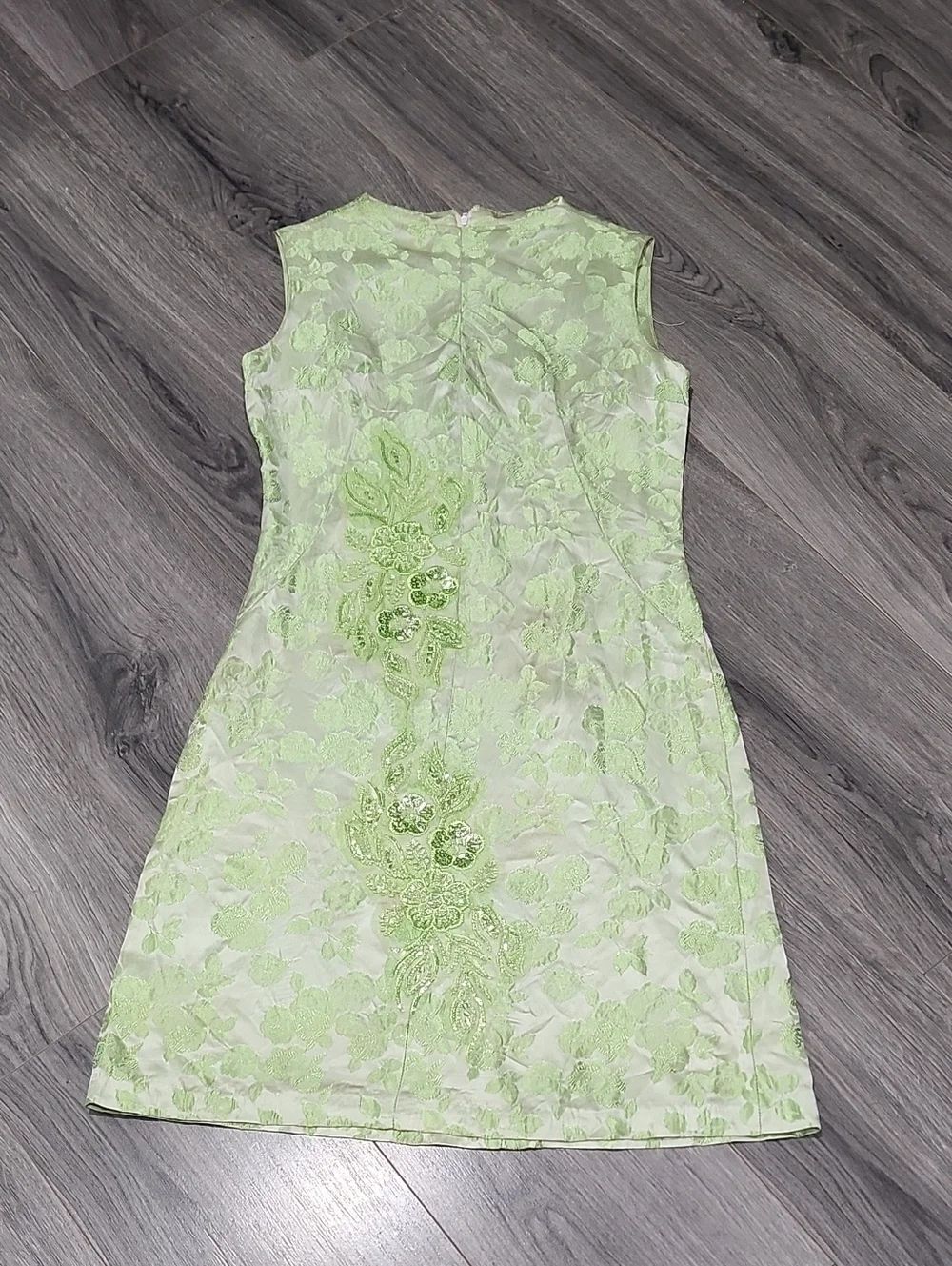 Sleeveless Light Green Floral Brocade 1960's Dress